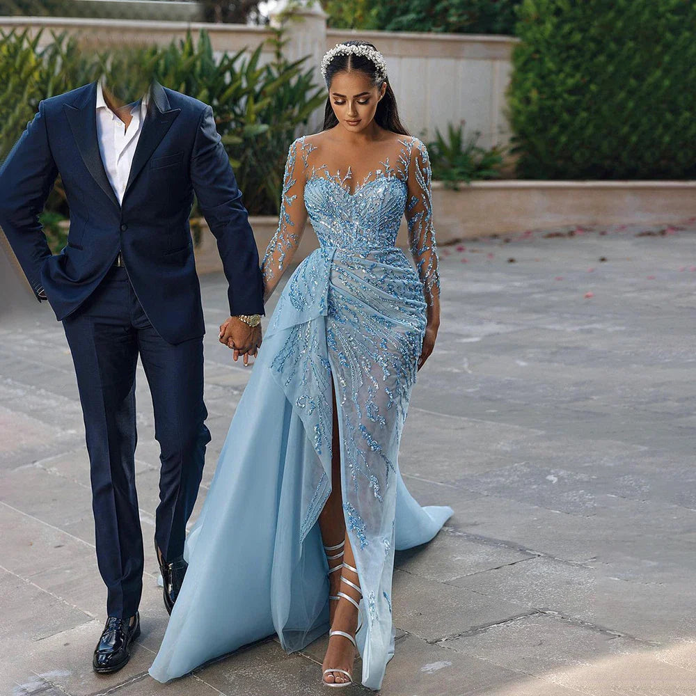 Zum Verkauf keine Rückgabe keine Rückerstattung Blaue Meerjungfrau Sexy High Split Elegant mit Rock Spitze Perlen Abendkleider Kleider für Frauen Party 2025 LA71781 