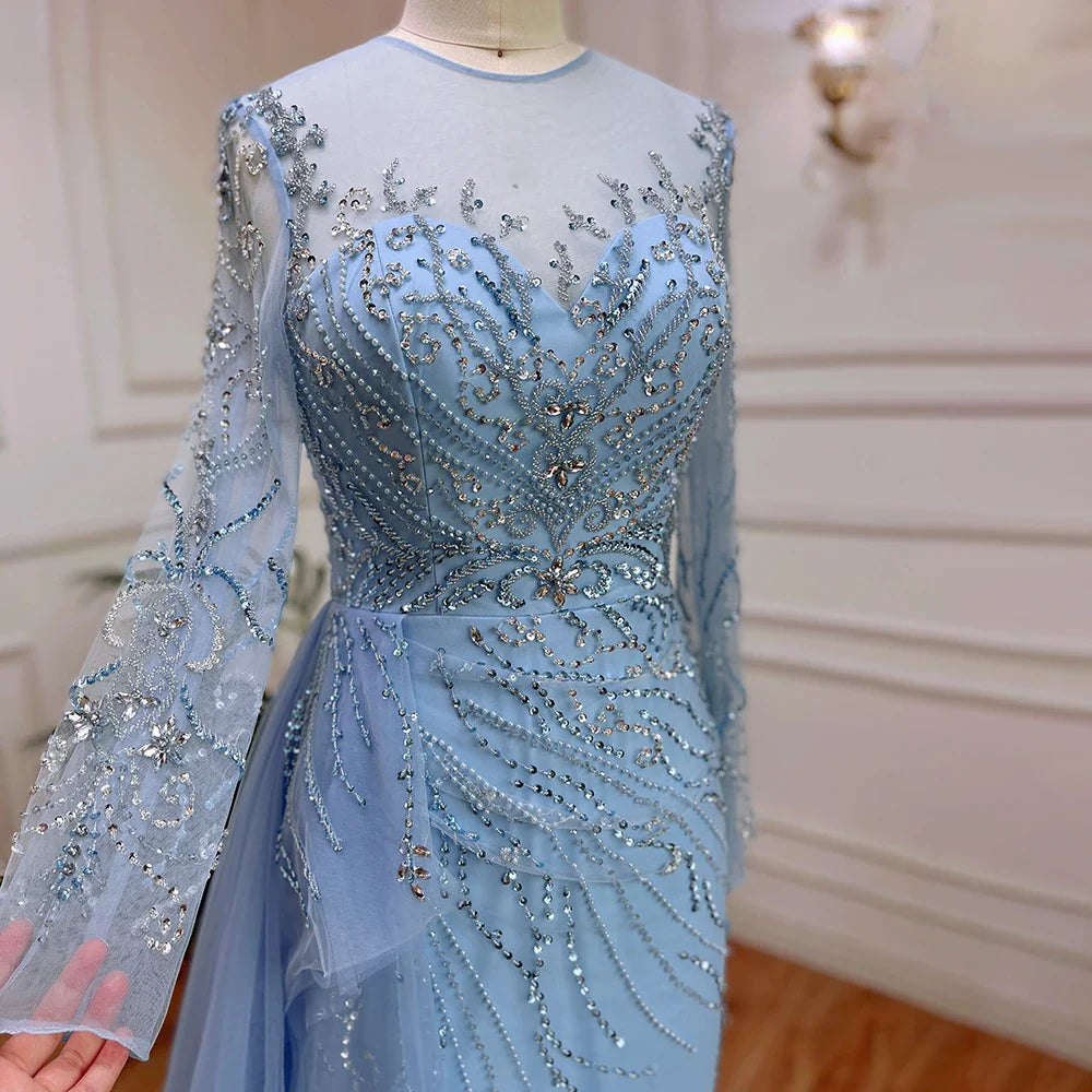 Zum Verkauf keine Rückgabe keine Rückerstattung Blaue Meerjungfrau Sexy High Split Elegant mit Rock Spitze Perlen Abendkleider Kleider für Frauen Party 2025 LA71781 