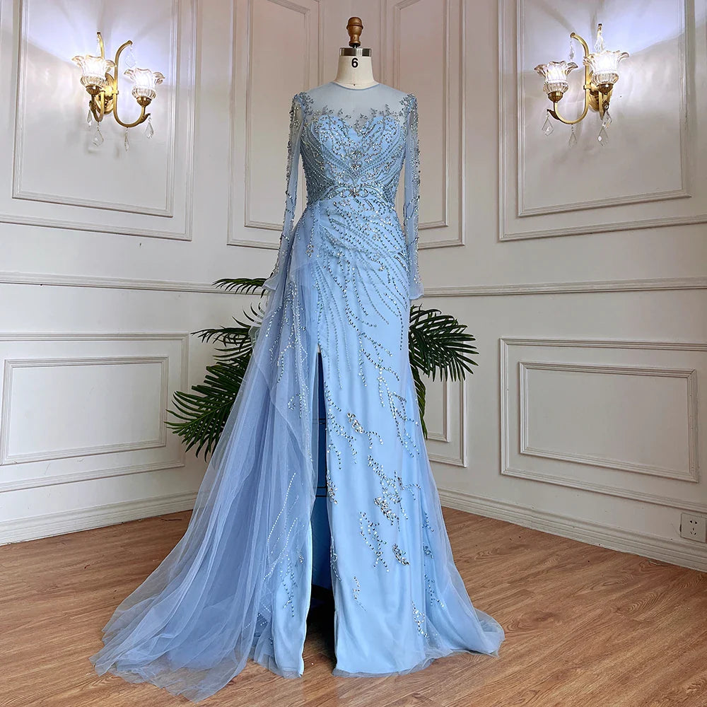 Zum Verkauf keine Rückgabe keine Rückerstattung Blaue Meerjungfrau Sexy High Split Elegant mit Rock Spitze Perlen Abendkleider Kleider für Frauen Party 2025 LA71781 