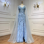 Blue Mermaid Sexy Long Cape Sleeves Evening Dresses High Slipt Gowns Luxury Beaded 2025 For Women Party LA72015
