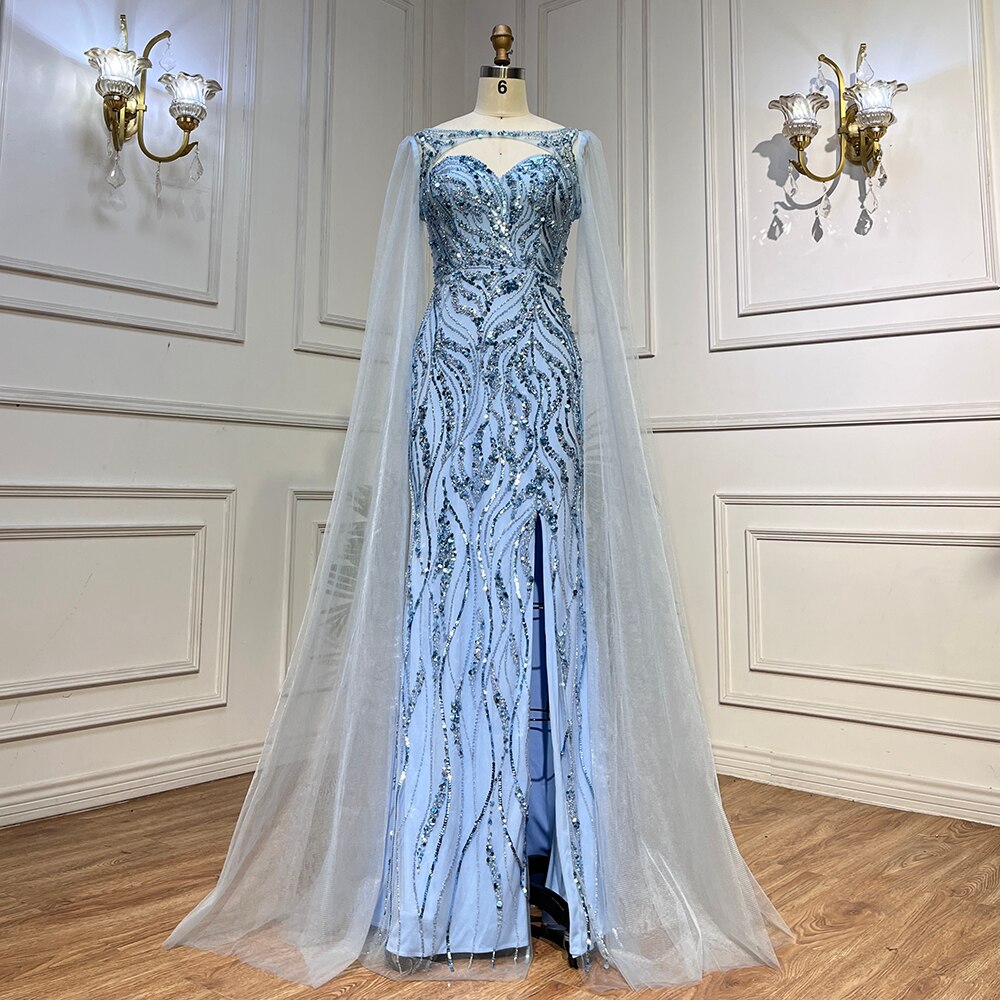 Blaue Meerjungfrau Sexy Lange Cape-Ärmel Abendkleider Hohe Slipt Kleider Luxus Perlen 2025 Für Frauen Party LA72015 