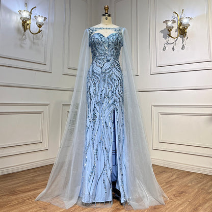 Blaue Meerjungfrau Sexy Lange Cape-Ärmel Abendkleider Hohe Slipt Kleider Luxus Perlen 2025 Für Frauen Party LA72015 