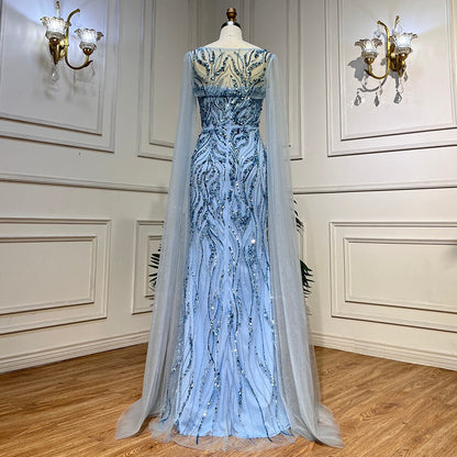 Blaue Meerjungfrau Sexy Lange Cape-Ärmel Abendkleider Hohe Slipt Kleider Luxus Perlen 2025 Für Frauen Party LA72015 