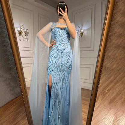 Blaue Meerjungfrau Sexy Lange Cape-Ärmel Abendkleider Hohe Slipt Kleider Luxus Perlen 2025 Für Frauen Party LA72015 