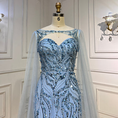 Blaue Meerjungfrau Sexy Lange Cape-Ärmel Abendkleider Hohe Slipt Kleider Luxus Perlen 2025 Für Frauen Party LA72015 