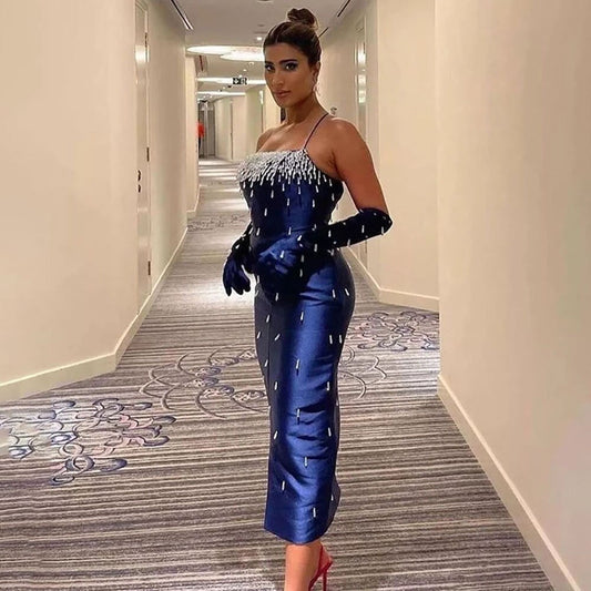Blaue Meerjungfrau Sexy Spaghetti-Trägern Boot-Ausschnitt Perlen Luxus Arabische Abendkleider Kleider Für Frauen Party LA71788 