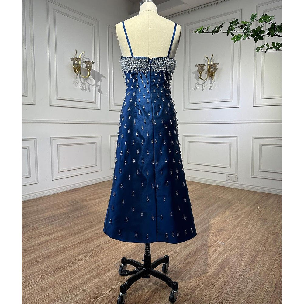 Blue Mermaid Sexy Spaghetti Straps Boat Neck Beaded Luxury Arabic Evening Dresses Gowns For Women Party LA71788