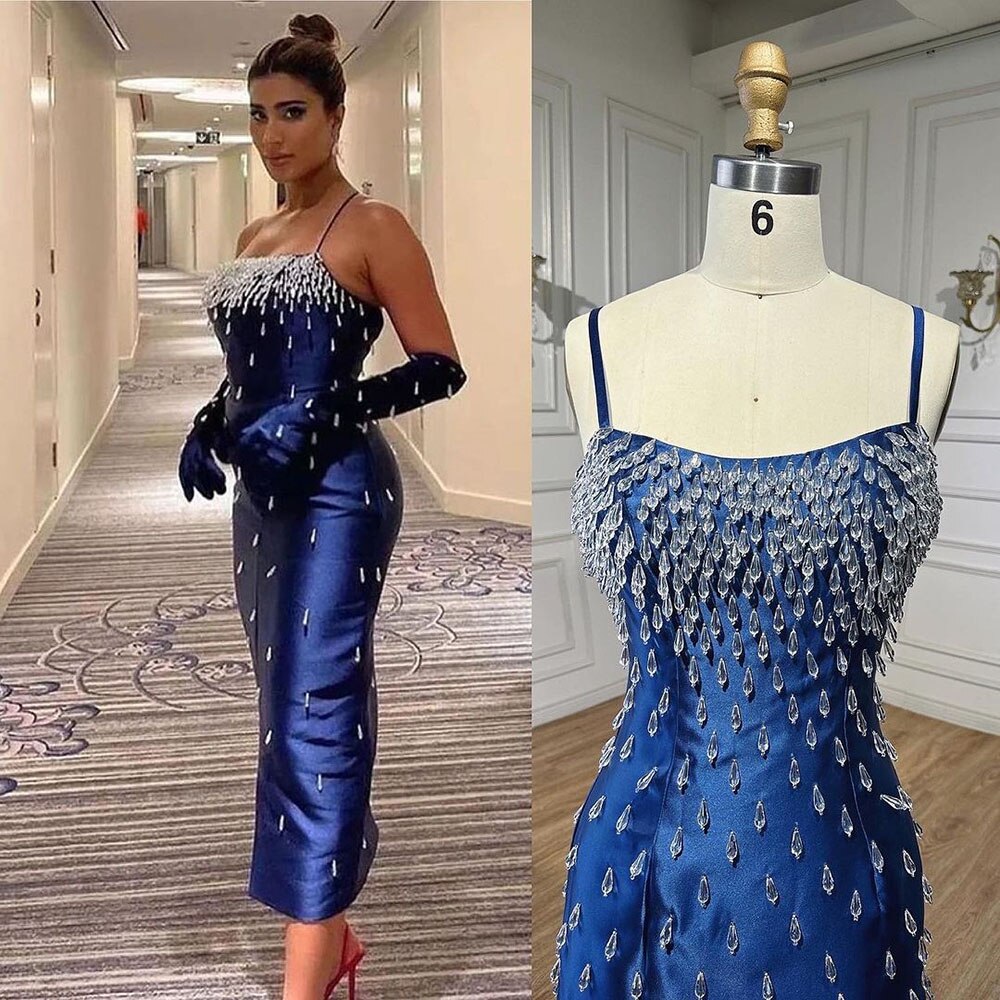 Blaue Meerjungfrau Sexy Spaghetti-Trägern Boot-Ausschnitt Perlen Luxus Arabische Abendkleider Kleider Für Frauen Party LA71788 