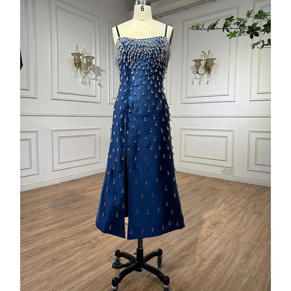 Blaue Meerjungfrau Sexy Spaghetti-Trägern Boot-Ausschnitt Perlen Luxus Arabische Abendkleider Kleider Für Frauen Party LA71788 