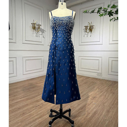 Blaue Meerjungfrau Sexy Spaghetti-Trägern Boot-Ausschnitt Perlen Luxus Arabische Abendkleider Kleider Für Frauen Party LA71788 