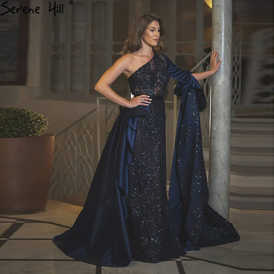 Blau Mermiad Satin Abendkleider Kleider 2025 Elegant Eine Schulter Überrock Für Frauen Party LA71236 