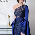 Blau Mermiad Satin Abendkleider Kleider 2025 Elegant Eine Schulter Überrock Für Frauen Party LA71236 