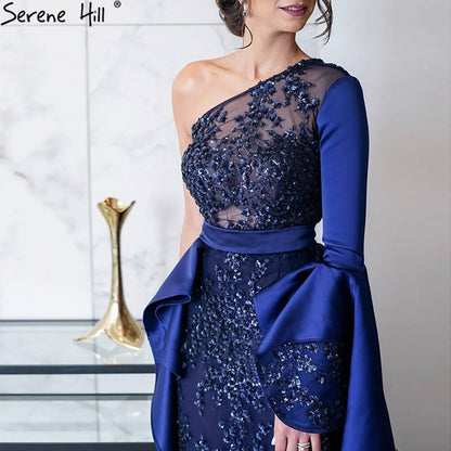Blau Mermiad Satin Abendkleider Kleider 2025 Elegant Eine Schulter Überrock Für Frauen Party LA71236 