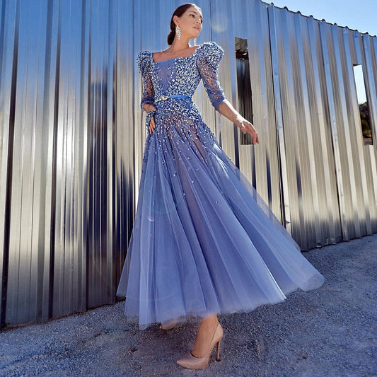 Blaues Midi-Abendkleid 2025 Luxus Dubai Muslim Knöchellänge Arabisch Kurzes Hochzeits- und Partykleid LA71631A 