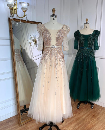 Blaues Midi-Abendkleid 2025 Luxus Dubai Muslim Knöchellänge Arabisch Kurzes Hochzeits- und Partykleid LA71631A 