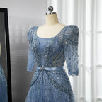 Blaues Midi-Abendkleid 2025 Luxus Dubai Muslim Knöchellänge Arabisch Kurzes Hochzeits- und Partykleid LA71631A 