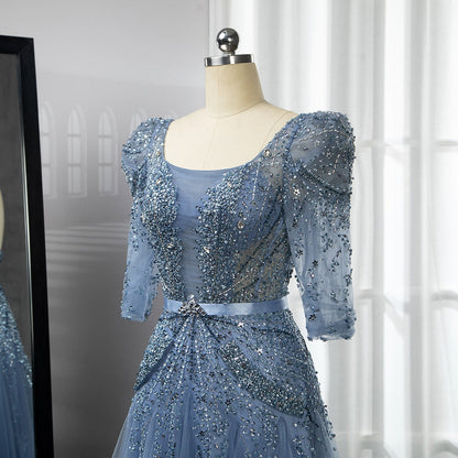 Blaues Midi-Abendkleid 2025 Luxus Dubai Muslim Knöchellänge Arabisch Kurzes Hochzeits- und Partykleid LA71631A 