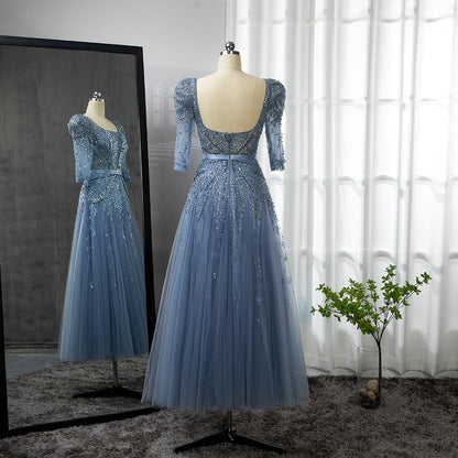 Blaues Midi-Abendkleid 2025 Luxus Dubai Muslim Knöchellänge Arabisch Kurzes Hochzeits- und Partykleid LA71631A 