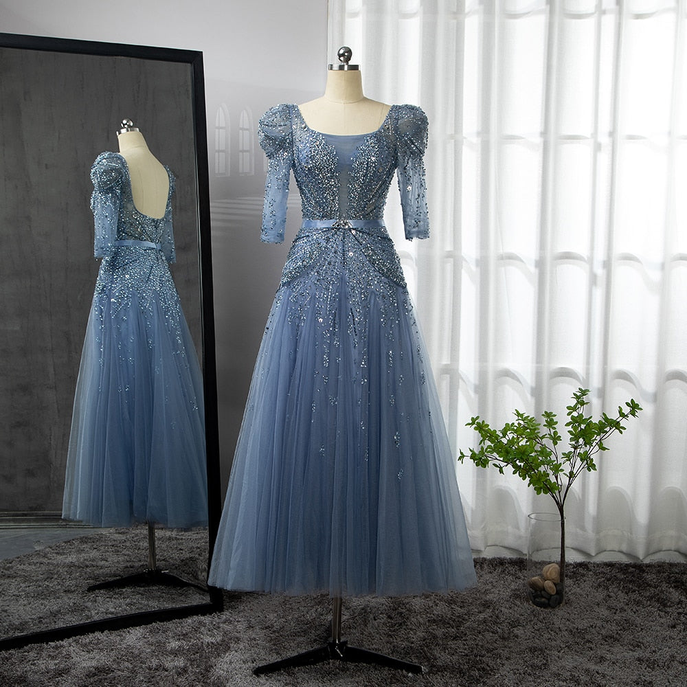 Blaues Midi-Abendkleid 2025 Luxus Dubai Muslim Knöchellänge Arabisch Kurzes Hochzeits- und Partykleid LA71631A 