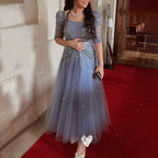 Blaues Midi-Abendkleid 2025 Luxus Dubai Muslim Knöchellänge Arabisch Kurzes Hochzeits- und Partykleid LA71631A 