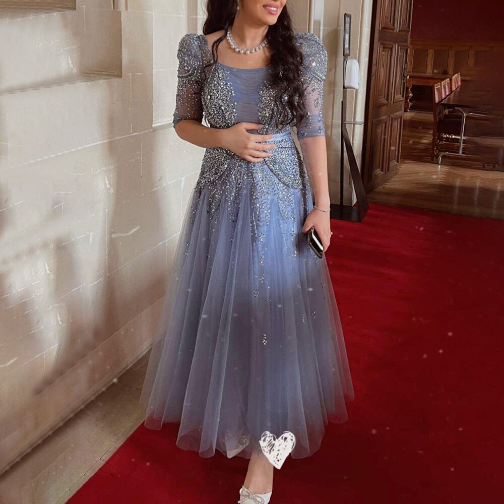 Blaues Midi-Abendkleid 2025 Luxus Dubai Muslim Knöchellänge Arabisch Kurzes Hochzeits- und Partykleid LA71631A 