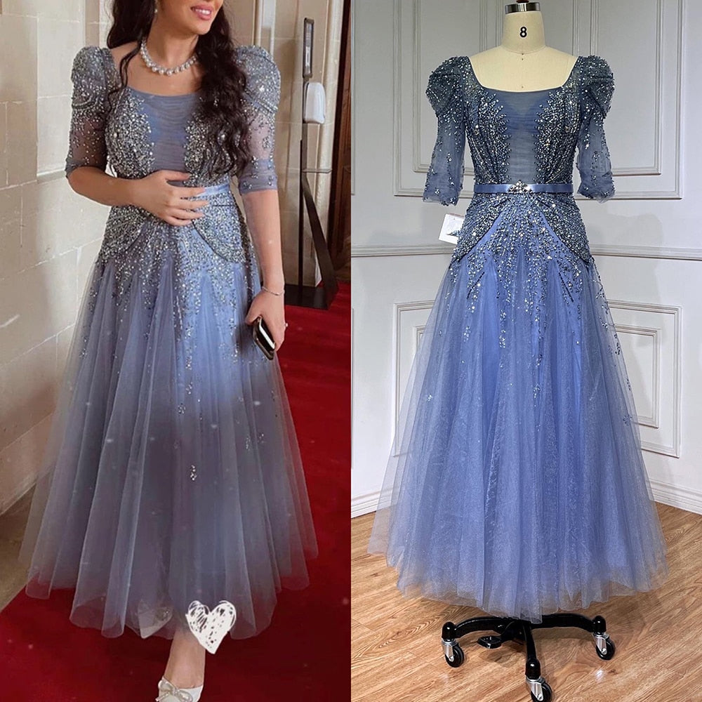 Blaues Midi-Abendkleid 2025 Luxus Dubai Muslim Knöchellänge Arabisch Kurzes Hochzeits- und Partykleid LA71631A 
