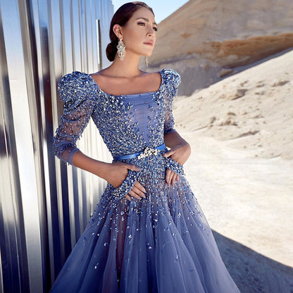 Blaues Midi-Abendkleid 2025 Luxus Dubai Muslim Knöchellänge Arabisch Kurzes Hochzeits- und Partykleid LA71631A 