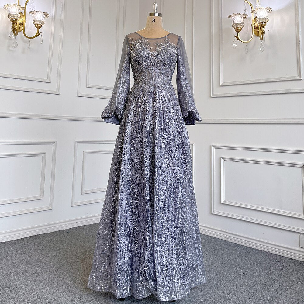 Blue Muslim A-Line O-Neck Evening Dresses Gowns Luxury Crystal Beaded 2025 For Women Wedding Party LA71700