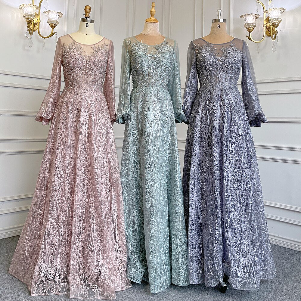 Blau Muslimischen A-linie O-ansatz Abendkleider Kleider Luxus Kristall Perlen 2025 Für Frauen Hochzeit Party LA71700 