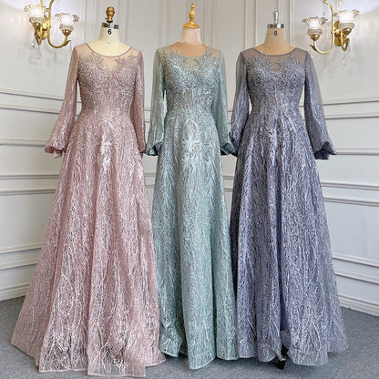 Blau Muslimischen A-linie O-ansatz Abendkleider Kleider Luxus Kristall Perlen 2025 Für Frauen Hochzeit Party LA71700 