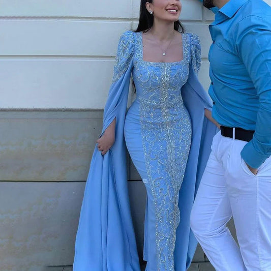 Luxuriöses blaues Meerjungfrau-Abendkleid im muslimischen Stil mit Cape-Ärmeln LA72050