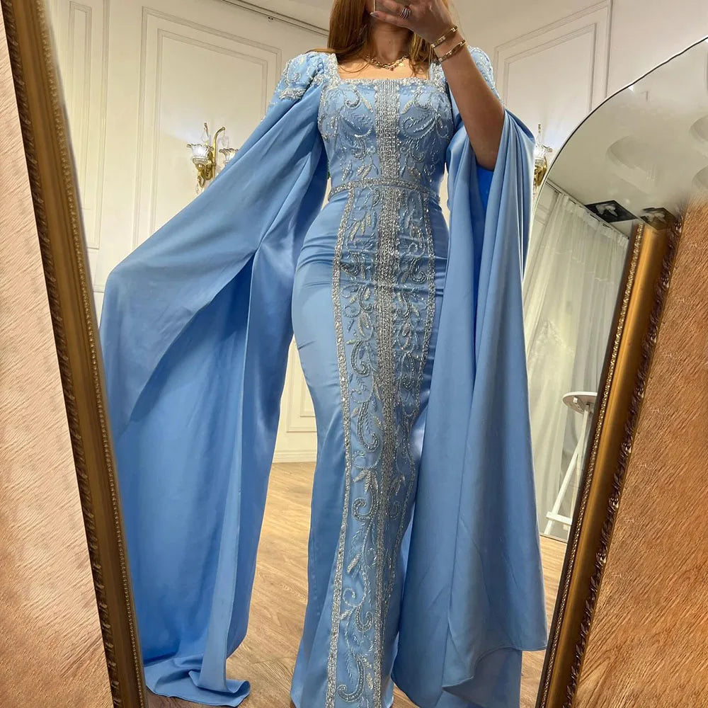 Luxuriöses blaues Meerjungfrau-Abendkleid im muslimischen Stil mit Cape-Ärmeln LA72050