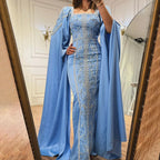Luxuriöses blaues Meerjungfrau-Abendkleid im muslimischen Stil mit Cape-Ärmeln LA72050