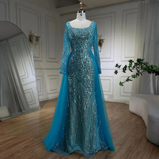 Blau Muslimischen Elegante Meerjungfrau Mit Überrock Perlen Abendkleider Kleider für Frauen Hochzeit Party 2025 LA72409 
