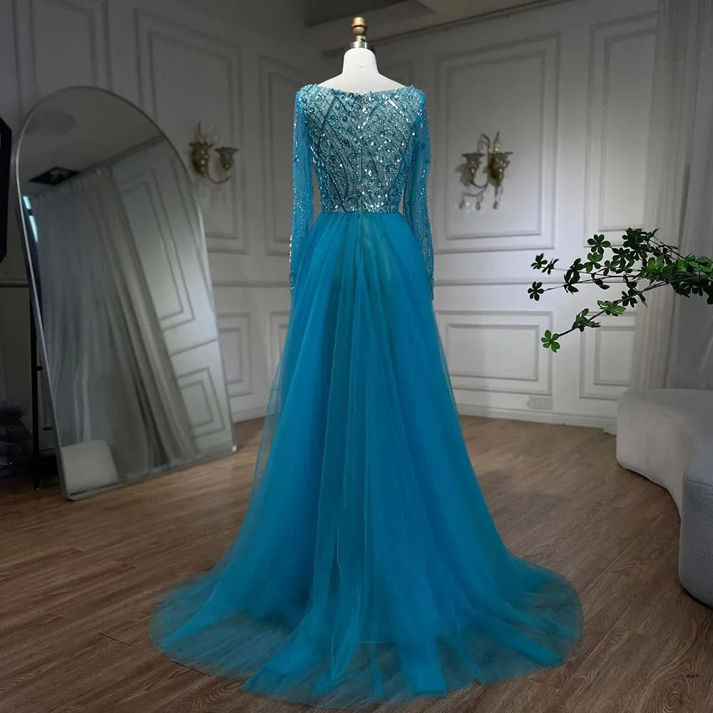 Blau Muslimischen Elegante Meerjungfrau Mit Überrock Perlen Abendkleider Kleider für Frauen Hochzeit Party 2025 LA72409 
