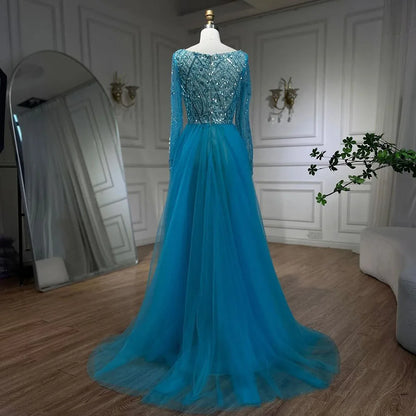 Blau Muslimischen Elegante Meerjungfrau Mit Überrock Perlen Abendkleider Kleider für Frauen Hochzeit Party 2025 LA72409 