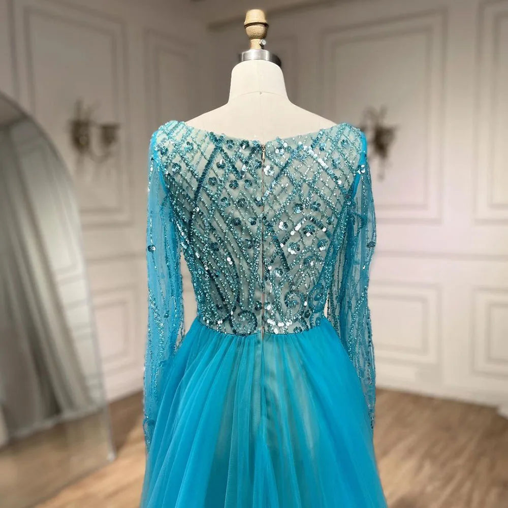 Blau Muslimischen Elegante Meerjungfrau Mit Überrock Perlen Abendkleider Kleider für Frauen Hochzeit Party 2025 LA72409 