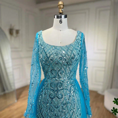 Blau Muslimischen Elegante Meerjungfrau Mit Überrock Perlen Abendkleider Kleider für Frauen Hochzeit Party 2025 LA72409 