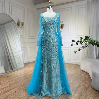 Blau Muslimischen Elegante Meerjungfrau Mit Überrock Perlen Abendkleider Kleider für Frauen Hochzeit Party 2025 LA72409 