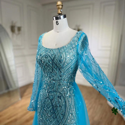 Blau Muslimischen Elegante Meerjungfrau Mit Überrock Perlen Abendkleider Kleider für Frauen Hochzeit Party 2025 LA72409 
