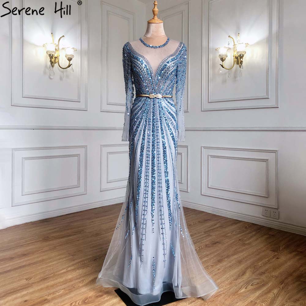 Blau Muslimischen Meerjungfrau Elegante Abendkleider Kleider 2025 Luxus Perlen Für Frauen Party LA71374 