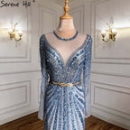 Elegante vestido de noche musulmán azul sirena 2025 de lujo con cuentas para mujer fiesta LA71374 