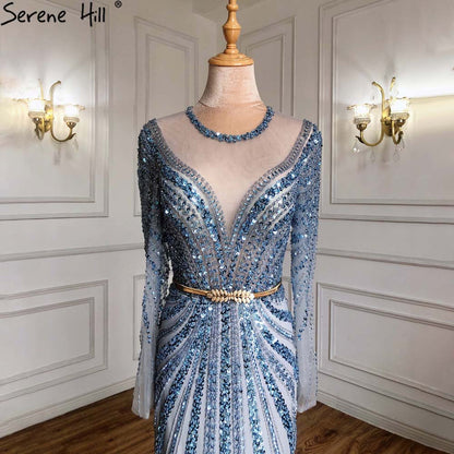 Blau Muslimischen Meerjungfrau Elegante Abendkleider Kleider 2025 Luxus Perlen Für Frauen Party LA71374 