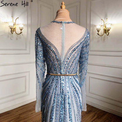 Blau Muslimischen Meerjungfrau Elegante Abendkleider Kleider 2025 Luxus Perlen Für Frauen Party LA71374 