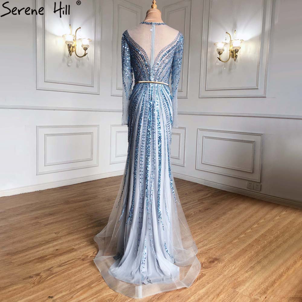 Blau Muslimischen Meerjungfrau Elegante Abendkleider Kleider 2025 Luxus Perlen Für Frauen Party LA71374 