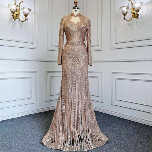 Blau Muslimischen Meerjungfrau Elegante High Neck Abendkleider Kleider Luxus Perlen 2025 Für Frauen Party LA71742 