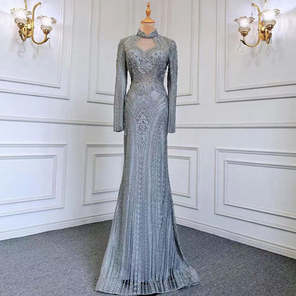 Blau Muslimischen Meerjungfrau Elegante High Neck Abendkleider Kleider Luxus Perlen 2025 Für Frauen Party LA71742 