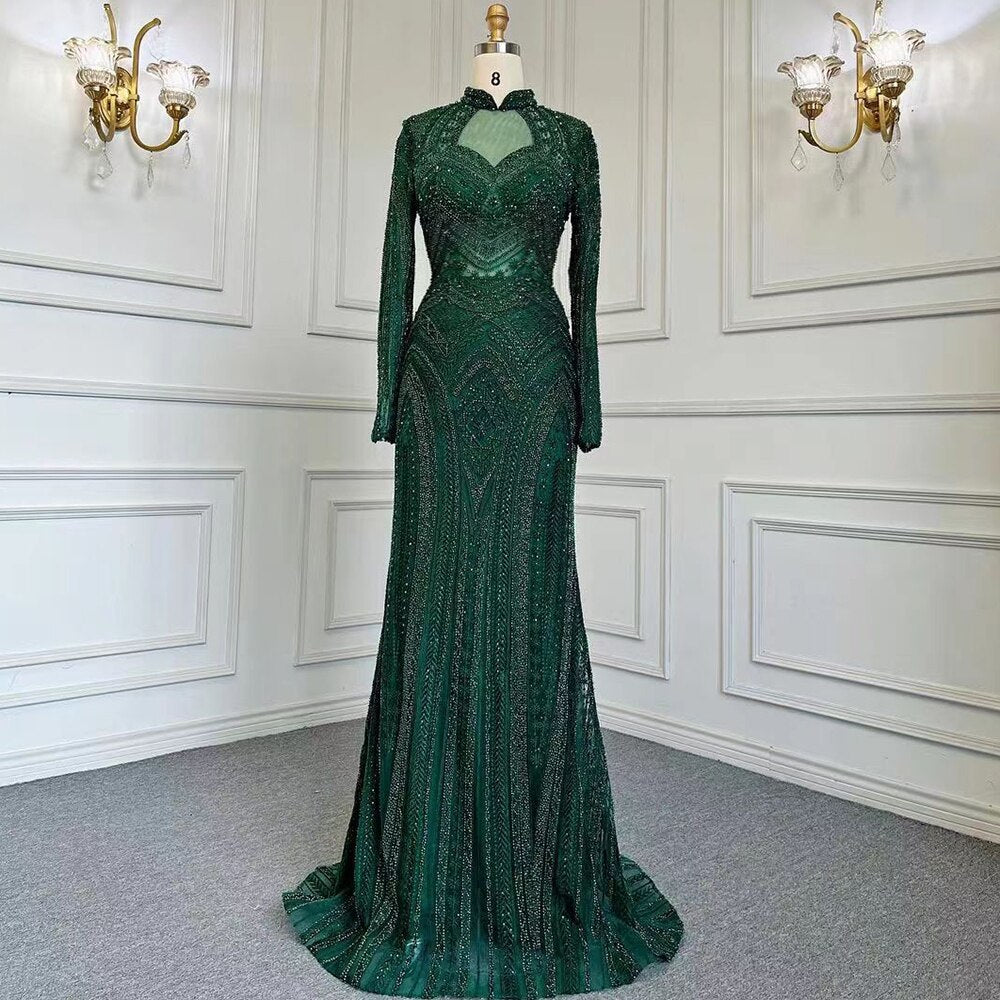 Blau Muslimischen Meerjungfrau Elegante High Neck Abendkleider Kleider Luxus Perlen 2025 Für Frauen Party LA71742 