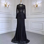 Blau Muslimischen Meerjungfrau Elegante High Neck Abendkleider Kleider Luxus Perlen 2025 Für Frauen Party LA71742 