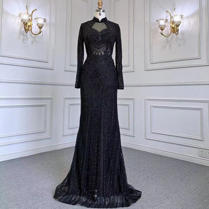 Blau Muslimischen Meerjungfrau Elegante High Neck Abendkleider Kleider Luxus Perlen 2025 Für Frauen Party LA71742 